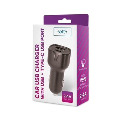 Setty Billader USB og Type-C-kontakt, 2,4A, svart