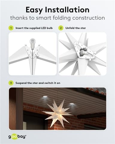 Goobay LED julestjerne 3D, Ø 56 cm, batteridrevet med timer og 18 spisser, varmhvit (3000 K), værbestandig plast (IP44), kabel 2 m