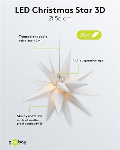 Goobay LED julestjerne 3D, Ø 56 cm, batteridrevet med timer og 18 spisser, varmhvit (3000 K), værbestandig plast (IP44), kabel 2 m