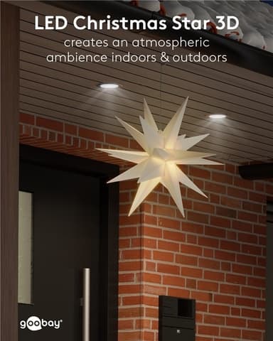 Goobay LED julestjerne 3D, Ø 56 cm, batteridrevet med timer og 18 spisser, varmhvit (3000 K), værbestandig plast (IP44), kabel 2 m