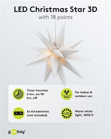 Goobay LED julestjerne 3D, Ø 56 cm, batteridrevet med timer og 18 spisser, varmhvit (3000 K), værbestandig plast (IP44), kabel 2 m