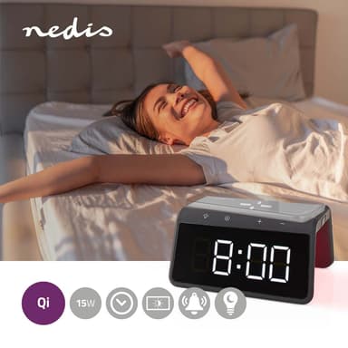 Nedis Alarm clock wireless charger | Qi sertifisert | 5 / 7.5 / 10 / 15 W | USB-A Han | Nattlys | 2 Alarmtider | slumrefunksjon