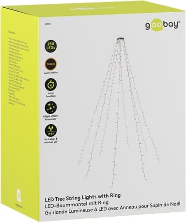 Goobay 280 LED överkast julgransbelysning med ring med timer och minnesfunktion, 8 ljuslägen, 24 V extern transformator, varmvitt (3000 K), för inomhus- och utomhusbruk (IP44)