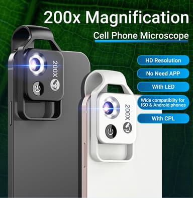 Telefonmikroskop med CPL-linse / 200X / LED-lys Sort