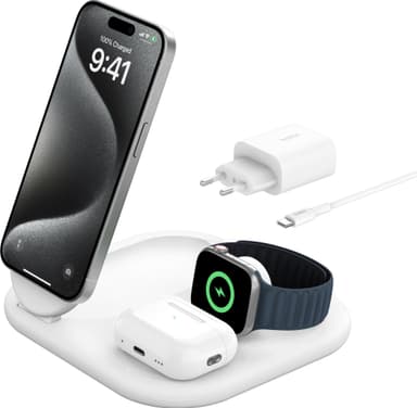 Belkin 3-in-1 Qi2 sammenleggbar lader med MagSafe (hvit)