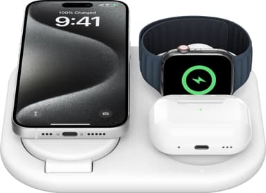 Belkin 3-in-1 Qi2 sammenleggbar lader med MagSafe (hvit)