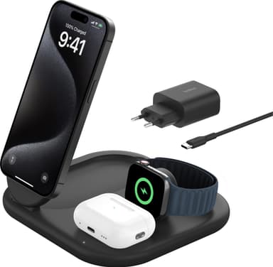 Belkin 3-in-1 Qi2 sammenleggbar lader med MagSafe (sort)