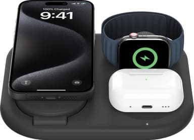 Belkin 3-in-1 Qi2 sammenleggbar lader med MagSafe (sort)