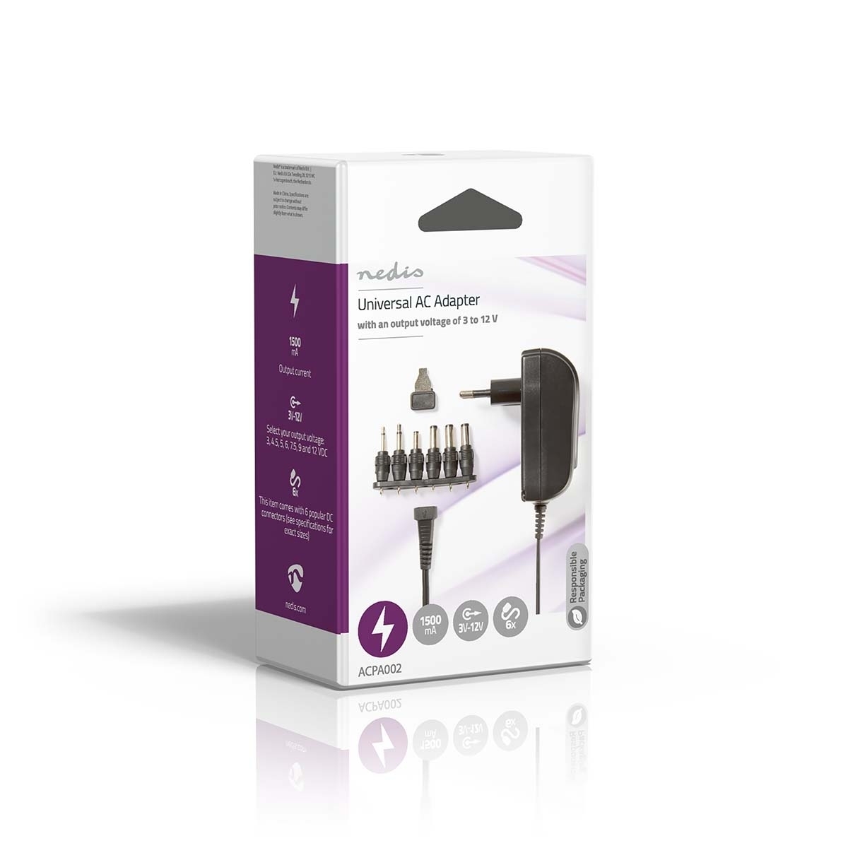 Nedis Universal AC strømadapter | 18 W | 3 - 12 V DC | 1.80 m | 1.5 / 2.1 A | 6 plug(s) | Sort