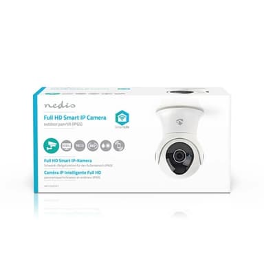 Nedis SmartLife Utendørs kamera | Wi-Fi | Full HD 1080p | Panorering og vipping | IP65 | Cloud Storage (valgfritt) / Internt 16GB | 12 V DC | Med bevegelses sensor | Nattsyn | Hvit