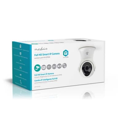 Nedis SmartLife Utendørs kamera | Wi-Fi | Full HD 1080p | Panorering og vipping | IP65 | Cloud Storage (valgfritt) / Internt 16GB | 12 V DC | Med bevegelses sensor | Nattsyn | Hvit