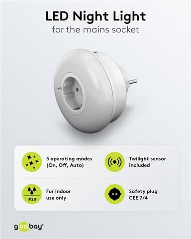 Goobay LED-nattlampe for stikkontakt med 3 driftsmoduser (På, Av, Auto), skumringssensor og stikkontakt med jording (type F)