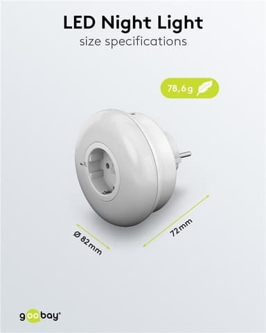 Goobay LED-nattlampe for stikkontakt med 3 driftsmoduser (På, Av, Auto), skumringssensor og stikkontakt med jording (type F)