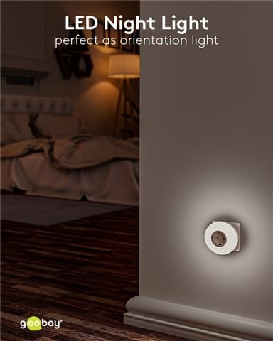 Goobay LED-nattlampe for stikkontakt med 3 driftsmoduser (På, Av, Auto), skumringssensor og stikkontakt med jording (type F)