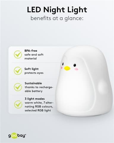 Goobay LED-nattlys ""Penguin"" varmt hvitt lys og 7 fargeskift (RGB-lys), med 3 lysmoduser, berøringssensor og Li-ion-batteri (3,7 V/1200 mAh), laget av myk silikon