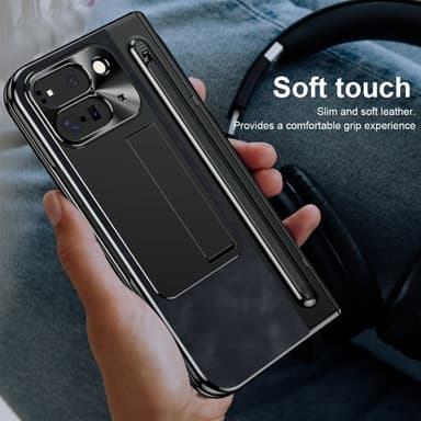 For Google Pixel 9 Pro Fold 5G deksel Kickstand Skinn+PC-veske med herdet glass og styluspenn - svart