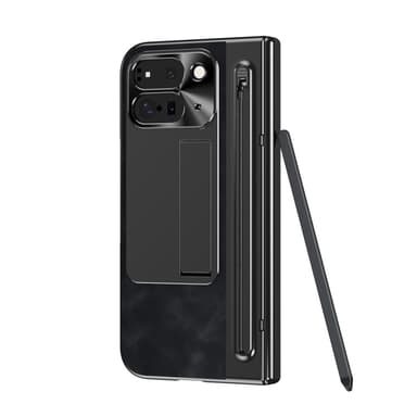 For Google Pixel 9 Pro Fold 5G deksel Kickstand Skinn+PC-veske med herdet glass og styluspenn - svart