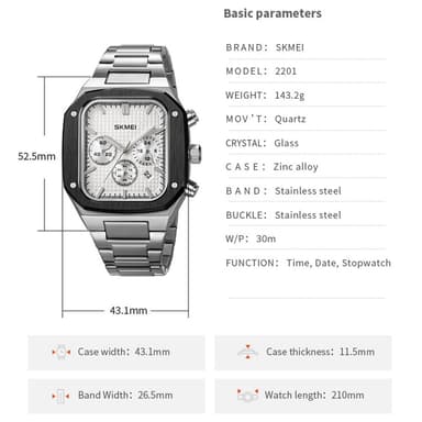 SKMEI Watch Business Quartz Watch Firkantet mote armbåndsur lysende - svart