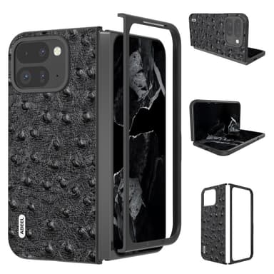 ABEEL til Google Pixel 9 Pro Fold 5G Case Cowhide + PC-telefonveske med strutsetekstur - svart