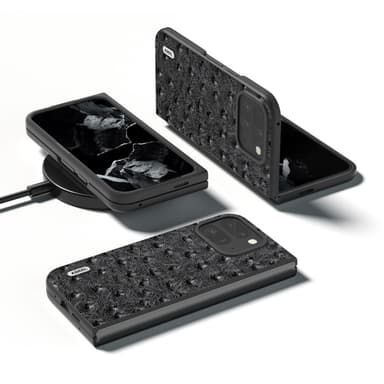 ABEEL til Google Pixel 9 Pro Fold 5G Case Cowhide + PC-telefonveske med strutsetekstur - svart
