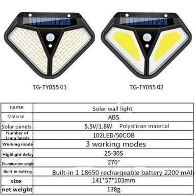 Vegglampe Solcellebelysning 102 LED