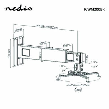 Nedis projektor Mount | Fullbevegelig | 15 kg | Roterbar | Tiltbar | Stål | Sort
