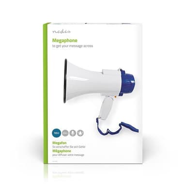 Nedis megafon | Maksimal rekkevidde: 250 m | Maksimal volumkontroll: 115 dB | Ingen innebygd mikrofon | Innebygd sirene | Opptaksfunksjon | Blå / Hvit