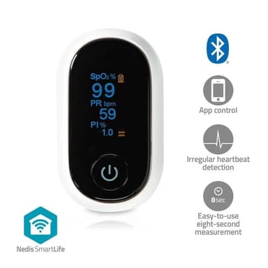 Nedis SmartLife Pulsoksymeter | Bluetooth® | OLED-Skjerm | Anti-bevegelse interferens / Auditiv alarm / Oksygenmetning (SpO2) / Perfusjonsindeks / Puls / Sensor med høy presisjon | Hvit