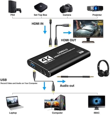 NÖRDIC Videoopptaksadapter USB3.0 HDMI-utgang 4K 60Hz HDMI med sløyfemikrofon og lydutgang HDMI-signalsløyfeutgang
