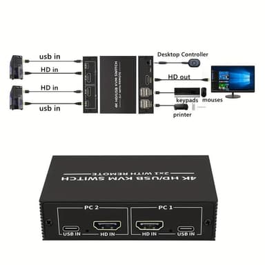 NÖRDIC KVM Switch 2 PC to 1 HDMI 2.0 and 4xUSB for Xbox, PS5, Laptop