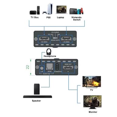 NÖRDIC HDMI 2.1 bryter og extractor 8K60Hz 4K120Hz ARC CEC EDID, S/PDIF og AUX extractor