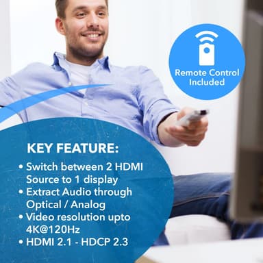 NÖRDIC 8K HDMI 2.1 Switch og Extractor 2 til 1 8K60Hz 4K120Hz CEC HDR Dolby Atmos, True HD, Digital Plus, DTS-HD Master