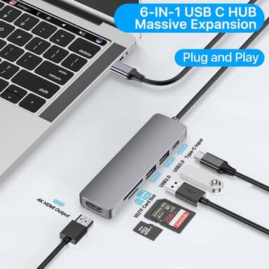 NÖRDIC 1 til 6 USB C dokkingstasjon i aluminium 1xHDMI 4K 30Hz 1xUSB-A 3.0 1xUSB-A 2.0 5Gbps 1x USB C PD87W 1xSD/TF-kortleser