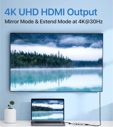 NÖRDIC 1 til 6 USB C dokkingstasjon i aluminium 1xHDMI 4K 30Hz 1xUSB-A 3.0 1xUSB-A 2.0 5Gbps 1x USB C PD87W 1xSD/TF-kortleser