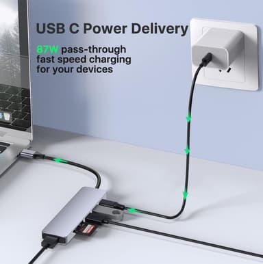 NÖRDIC 1 til 6 USB C dokkingstasjon i aluminium 1xHDMI 4K 30Hz 1xUSB-A 3.0 1xUSB-A 2.0 5Gbps 1x USB C PD87W 1xSD/TF-kortleser