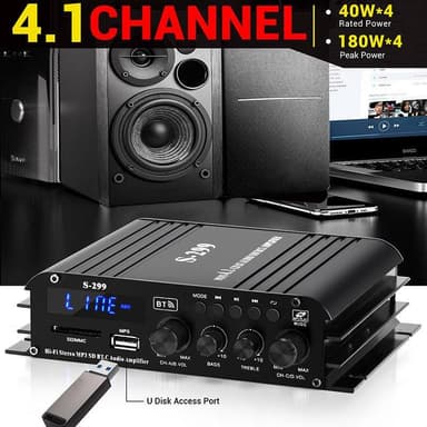 NÖRDIC Bluetooth 5.0 stereo 2.1 forsterker 4X40W + 50W RMS forsterker 2 høyttalere og subwoofer med USB og SD mediespillerinngang