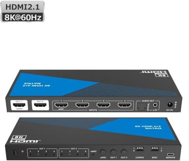 NÖRDIC 8K HDMI 2.1 eARC/ARC matrisebryter 4x2 med Extractor Toslink & Stereo, HDMI CEC, Dolby Atmos/Digital Plus, DTS Master