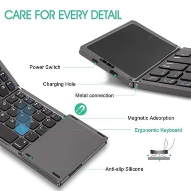 NÖRDIC Bluetooth 5.0 sammenleggbart tastatur med pekeplate 64 taster Multiparing IOS Android Windows US Layout