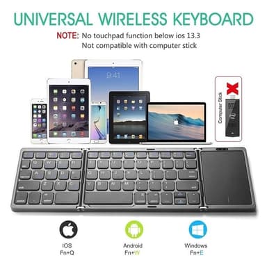 NÖRDIC Bluetooth 5.0 sammenleggbart tastatur med pekeplate 64 taster Multiparing IOS Android Windows US Layout