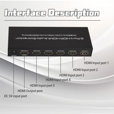 HDMI-bryter 5x, 4K 60Hz med ARC-lydekstrakter HDMI 2.0 HDR og fjernkontroll Sort