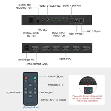 HDMI-bryter 5x, 4K 60Hz med ARC-lydekstrakter HDMI 2.0 HDR og fjernkontroll Sort
