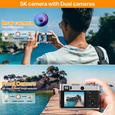 Digitalkamera 5k med kamera foran og bak, autofokus og anti-shake Brun