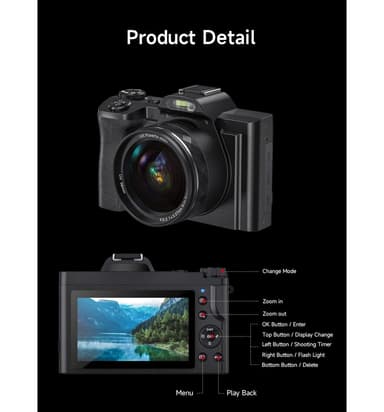 Digitalkamera 4K, 48MP, CMOS, 16x zoom, selvutløser