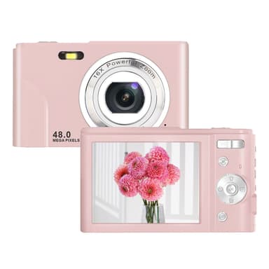 Digitalkamera med 48 MP, HD 1080p, 16x zoom, minnekort Rosa
