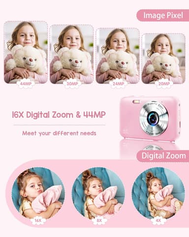Digitalkamera 1080P 44MP 16x zoom 2,4-tommers skjerm Rosa