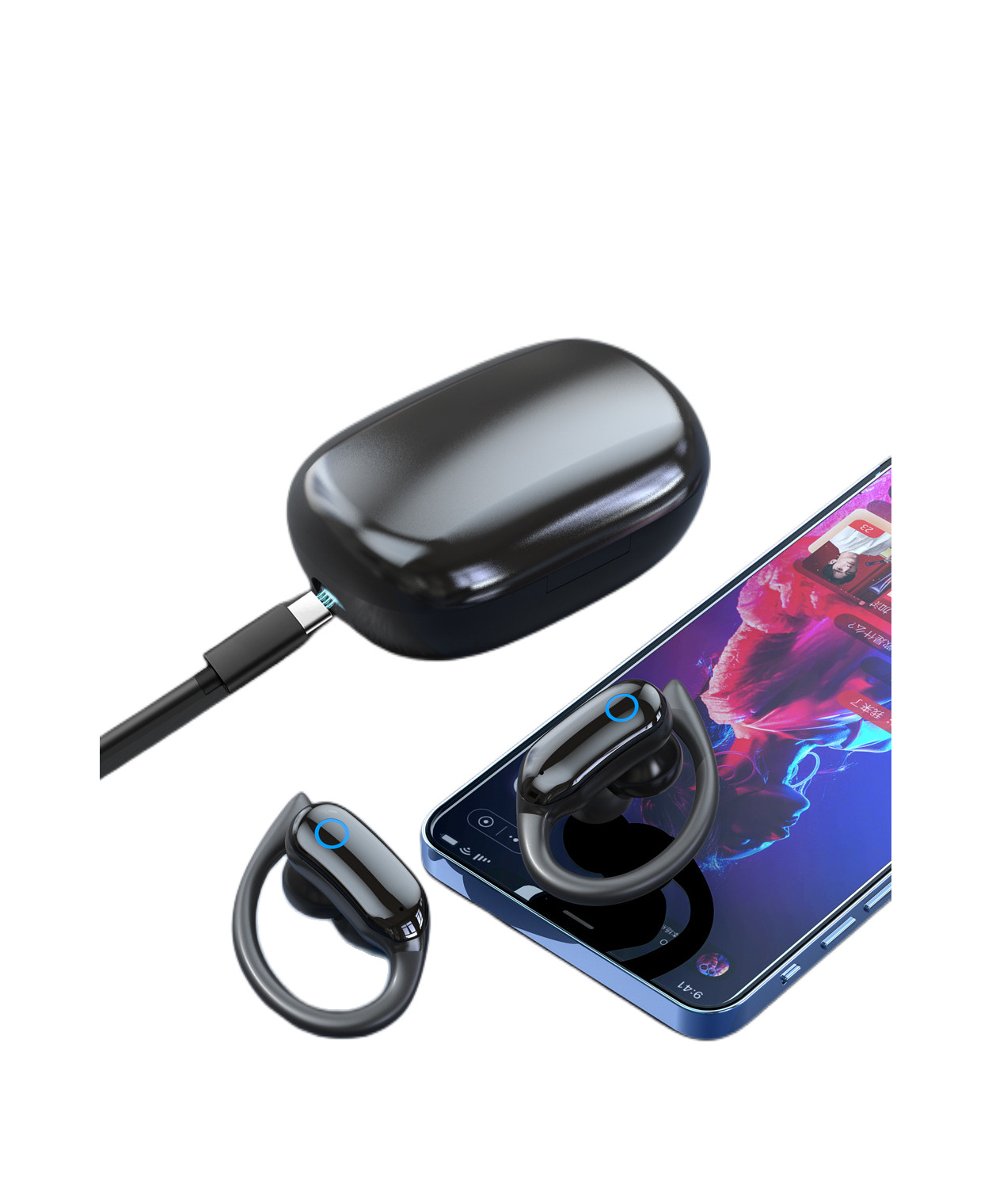 Trådløse sportshodetelefoner med ørekroker IPX7 vanntette Sort