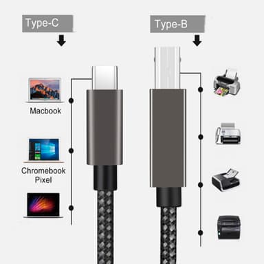 USB-B til USB-C kabel til skriver Sort 2 m