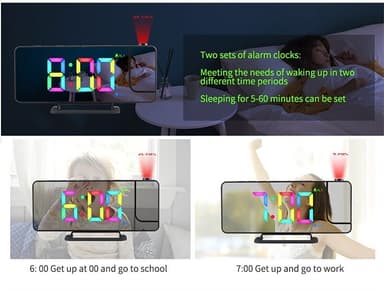 Vekkerklokke med RGB LED 180 graders roterbar projektorklokke Hvit