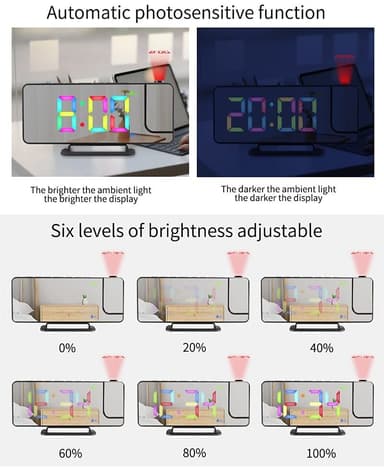 Vekkerklokke med RGB LED 180 graders roterbar projektorklokke Hvit