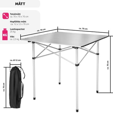 Aluminium campingbord sammenleggbart 70 x 70 x 70 cm - grå